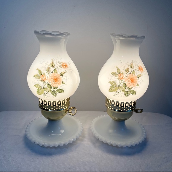 vintage lamp Other - Vintage Hurricane Table Lamps, Milk Glass Shade & Base, Flowers Design